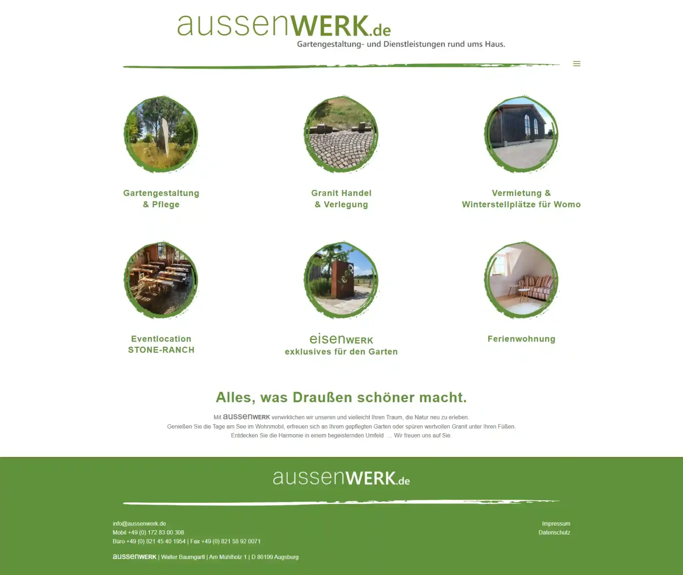 Homepage der Website für aussenWERK.de mit sechs kreisförmigen Icons für Garten- und Outdoor-Dienstleistungen.