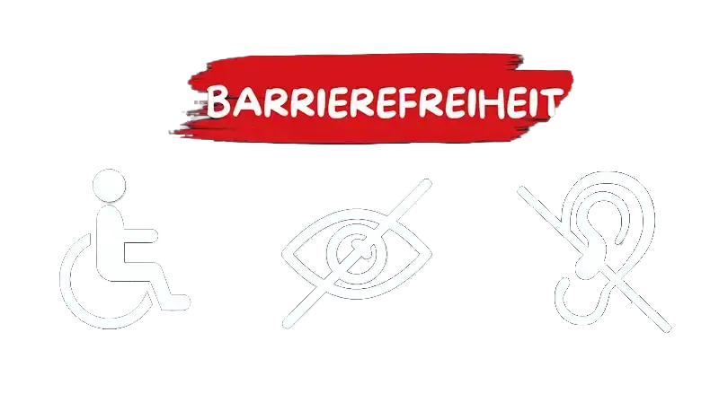 Drei weiße Symbole für Barrierefreiheit – ein Rollstuhl, ein Auge mit Schrägstrich und ein Ohr mit Schrägstrich – befinden sich auf dunklem Hintergrund. Darüber steht fettgedruckt „Barrierefreiheit“ in weißer Schrift auf rotem Pinselstrich und unterstreicht die Bedeutung von Barrierefreiheit.