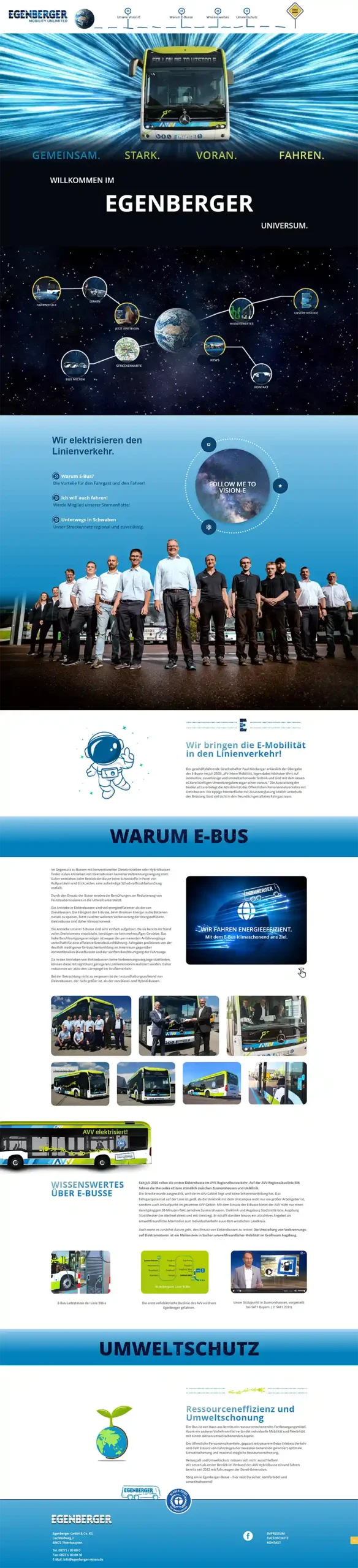 Website mit Egenberger E-Bus, Teamfoto, Umweltgrafiken und Informationen zu Elektrobussen.