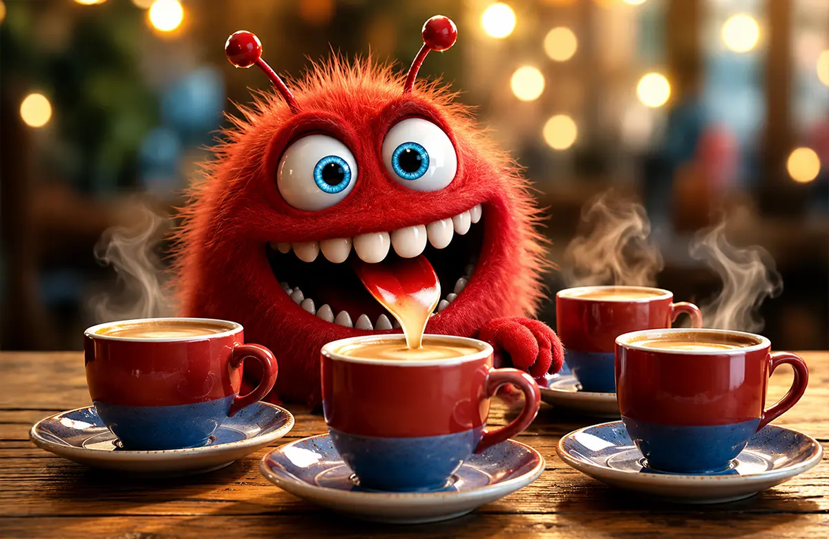 Ein flauschiges rotes Monster mit großen Augen trinkt aufgeregt Tee aus Tassen auf einem Tisch vor unscharfem Hintergrund.