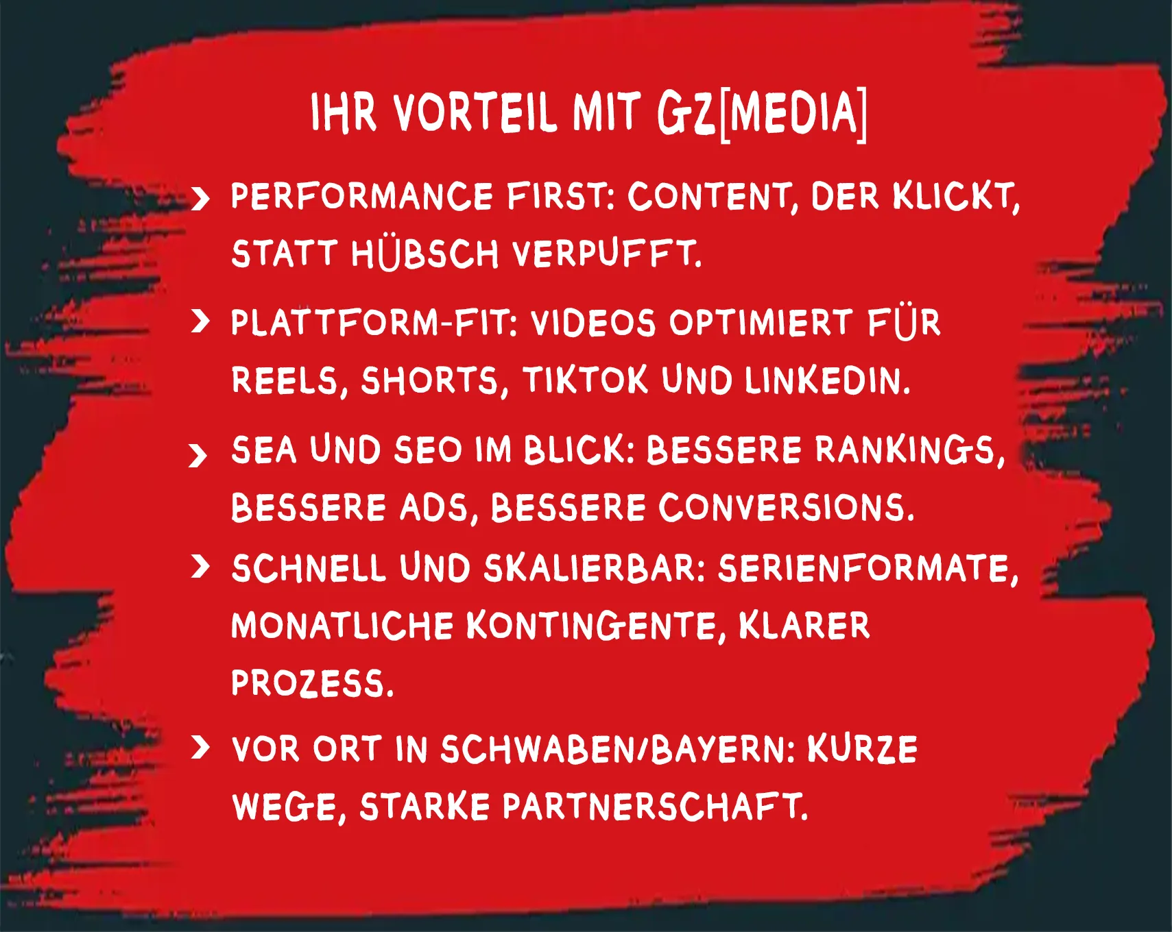 Rote Grafik mit weißem Text, der die Marketingvorteile auflistet, darunter Inhalte, Videos, Rankings und Partnerschaften.