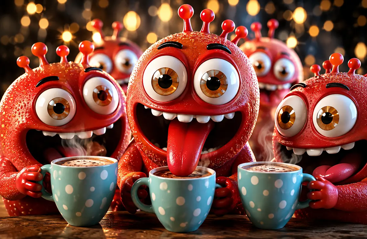 Drei lächelnde rote Cartoon-Monster halten blaue Becher mit heißen Getränken, im Hintergrund sind Bokeh-Lichter zu sehen.