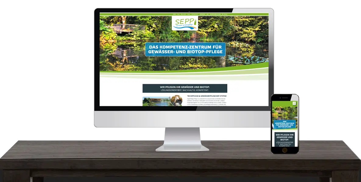 Ein Desktop-Computer und ein Smartphone zeigen die SEPP-Website für das Wasser- und Biotoppflegezentrum.