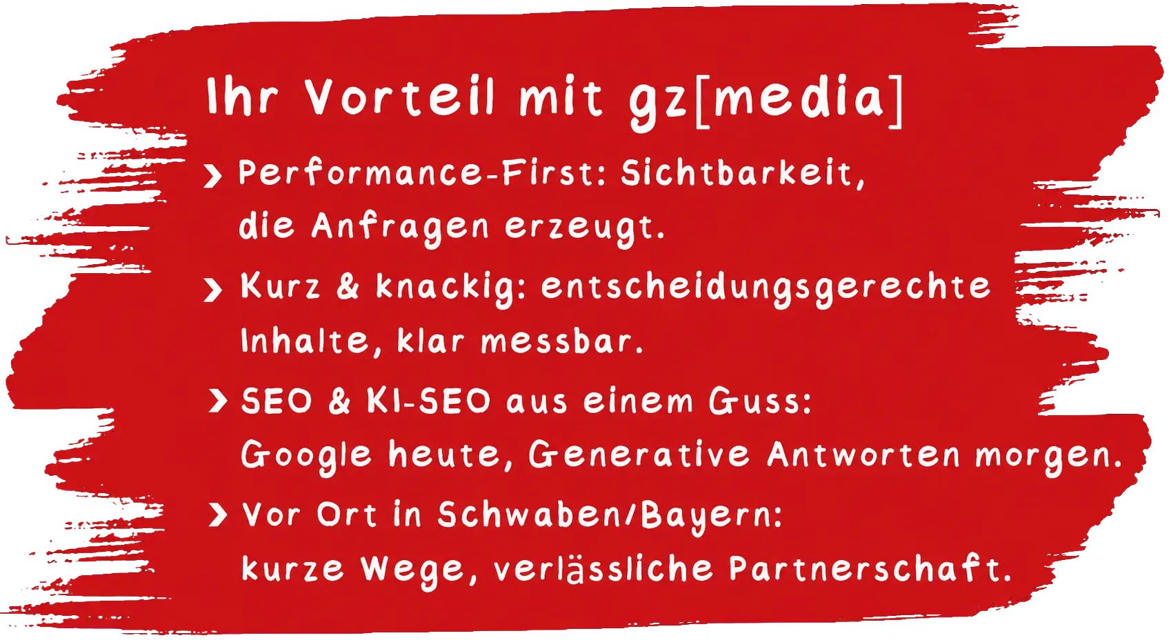 Roter Grafikeintrag gz[media] Vorteile: Sichtbarkeit, Kurzinfo, SEO, lokale Präsenz in Schwaben/Bayern.