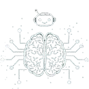 Strichzeichnung eines Gehirns, das mit einem Roboterkopf verbunden ist, als Symbol für künstliche Intelligenz und neuronale Netze.