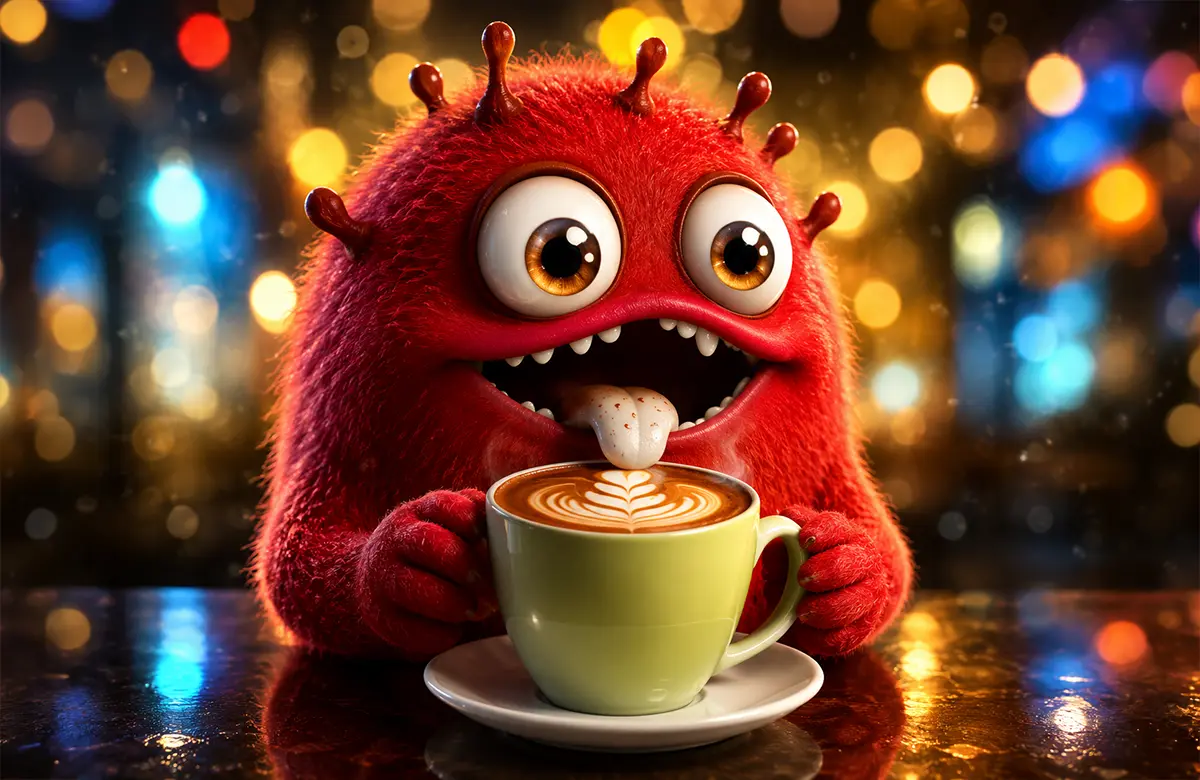 Ein süßes rotes Monster hält aufgeregt eine Kaffeetasse mit Schaumkunst vor einem unscharfen, bunten Hintergrund.
