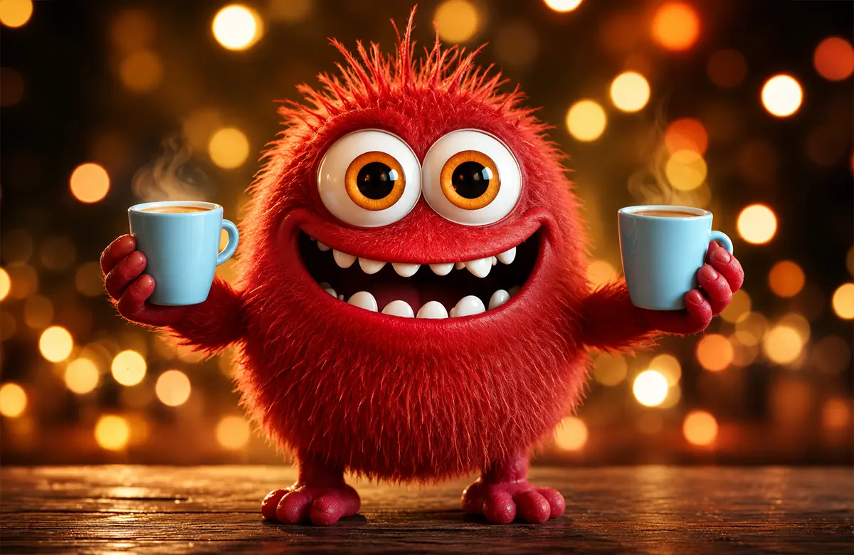 Ein flauschiges rotes Monster mit großen Augen lächelt und hält in jeder Hand vor einem Bokeh-Hintergrund eine blaue Tasse.