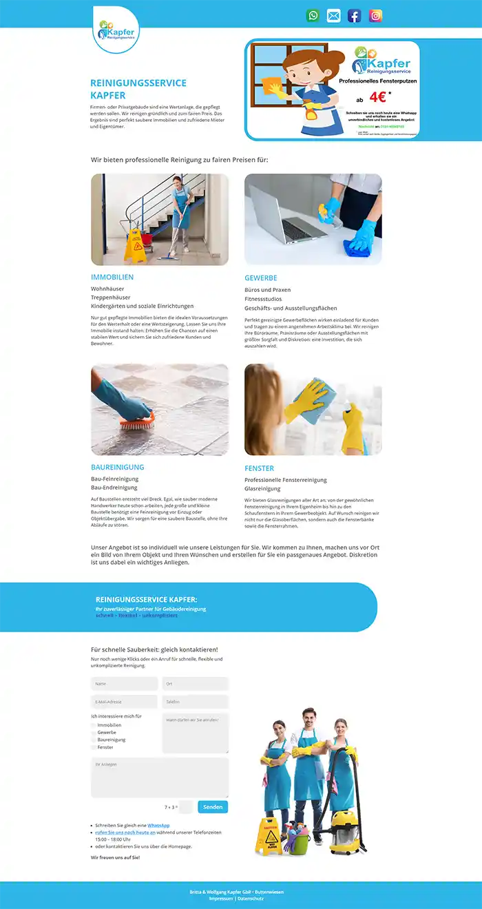 Website für Reinigungsservice Kapfer mit Reinigungsleistungen, Kontaktformular und Bildern von Reinigungskräften bei der Arbeit.