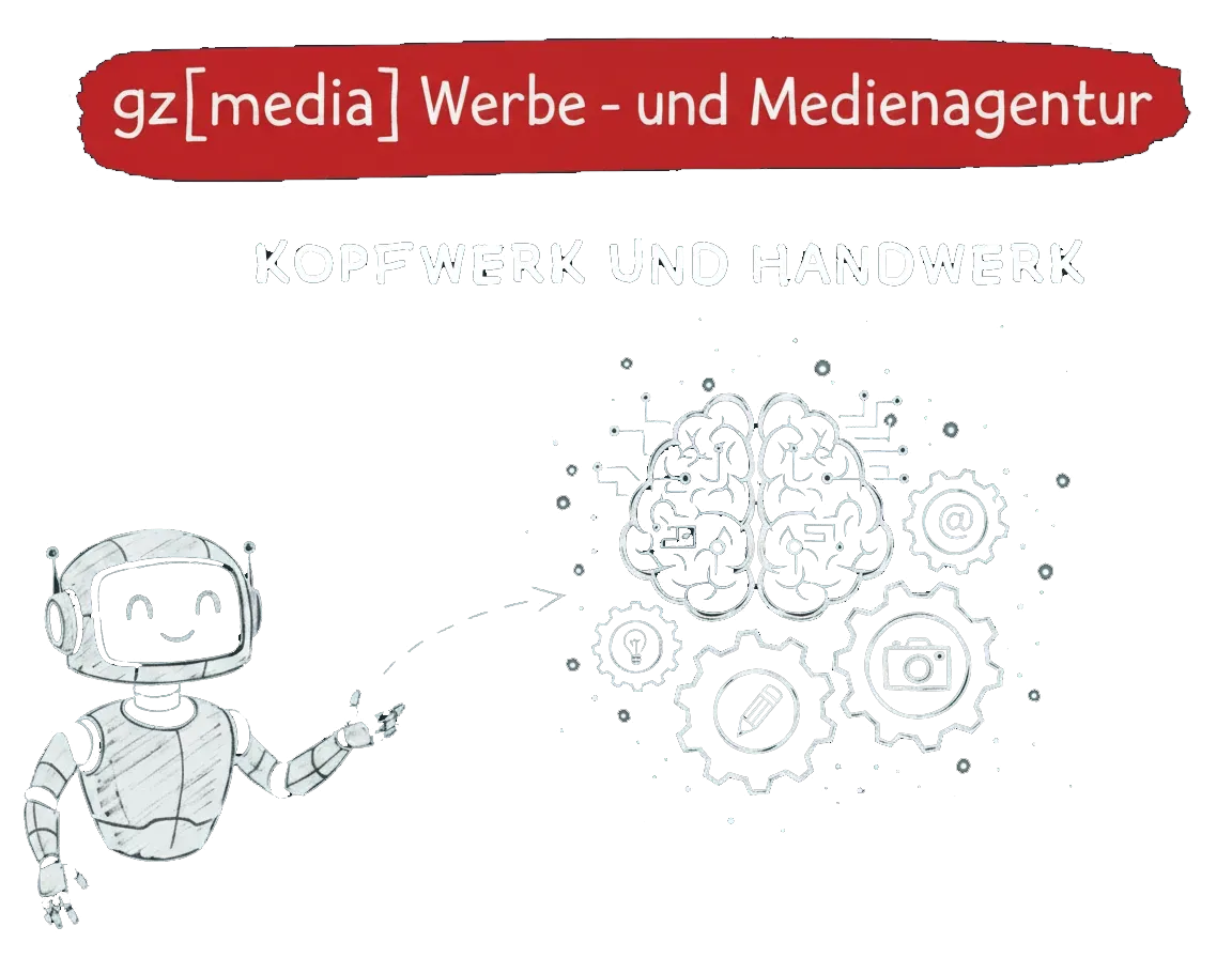 Ein lächelnder Roboter zeigt auf ein Gehirn mit Zahnrad-, Kamera- und Glühbirnensymbolen unter einem deutschen Agenturtext.