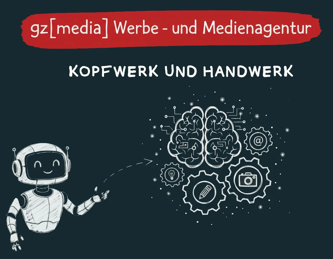 Ein lächelnder Roboter zeigt auf ein Gehirn mit Zahnrad-, Kamera- und Glühbirnensymbolen unter einem deutschen Agenturtext.