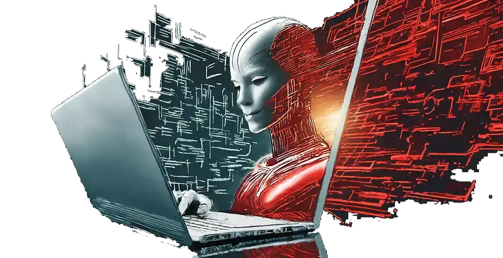 Ein futuristischer Roboter mit leuchtendem Körper arbeitet an einem Laptop inmitten digitaler Schaltkreismuster.