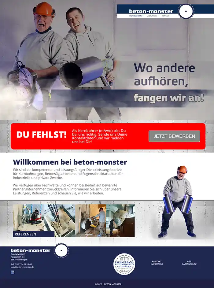 Zwei Bauarbeiter in Montur lächeln und halten Betonkerne; fettgedruckter Text wirbt für die Stellenbesetzung.