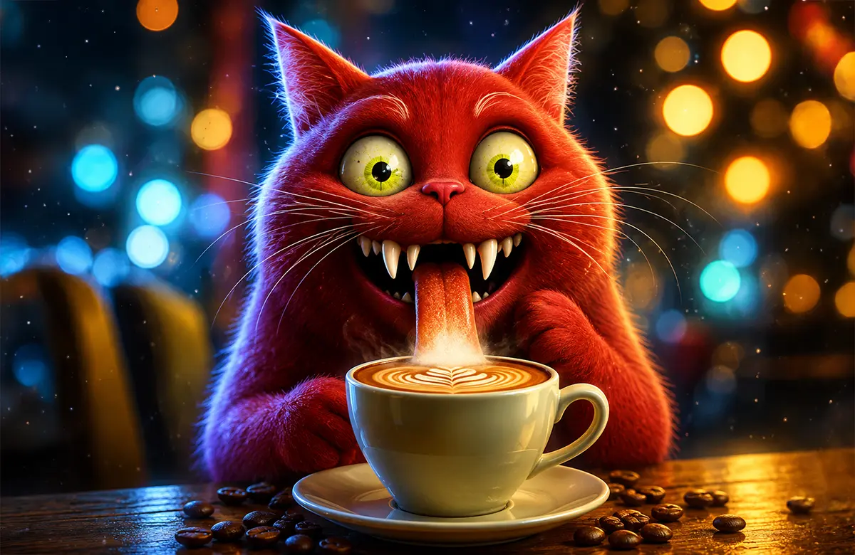 Eine rote Comic-Katze mit großen Augen leckt vor einem bunten, unscharfen Hintergrund dampfenden Kaffee aus einer Tasse.