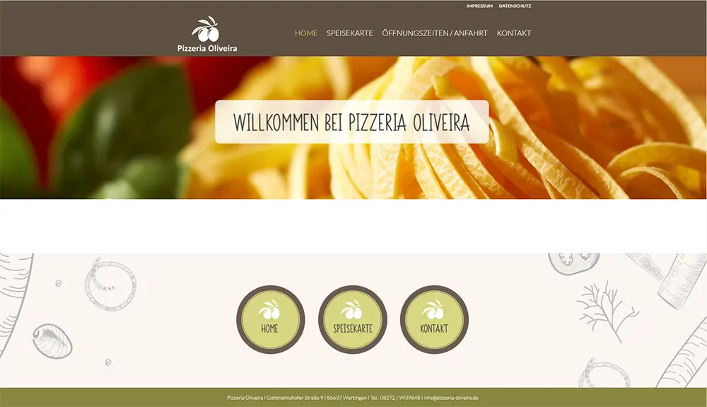 Homepage der Website für Pizzeria Olivera mit Pasta-Hintergrund und Navigationsmenü für Startseite, Speisekarte und Kontakt.