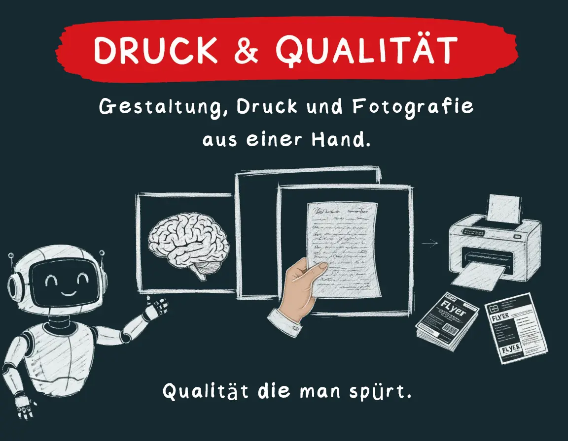 Der Roboter zeigt auf ein Gehirn, Papier und einen Drucker mit Flyern für die Dienstleistungen von Druck & Qualität in deutscher Sprache.