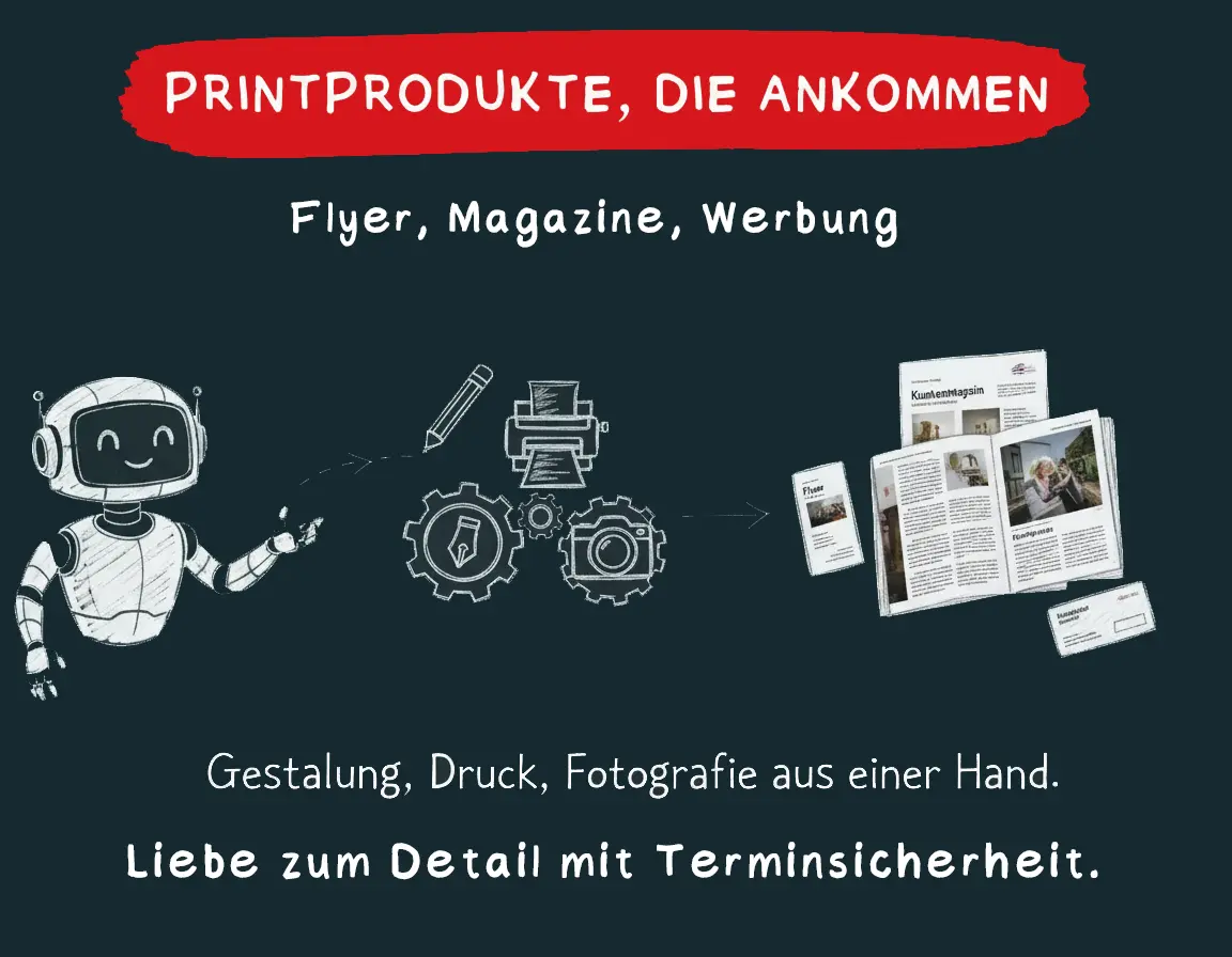 Ein Roboter winkt mit Symbolen und Drucksachen; der Text wirbt für Druckerzeugnisse und Designdienstleistungen.