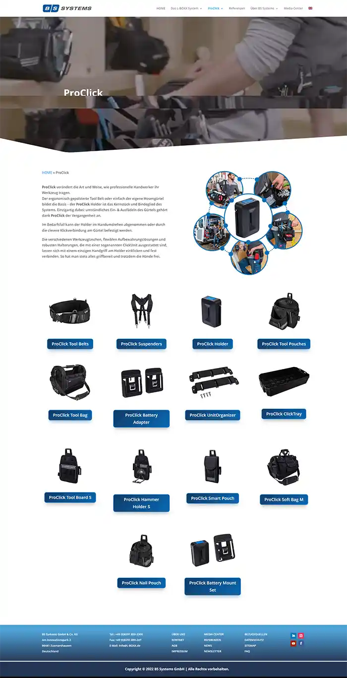 Auf einer Webseite werden ProClick-Werkzeugaufbewahrungsprodukte mit Bildern, Beschreibungen und anklickbaren blauen Produktschaltflächen angezeigt.