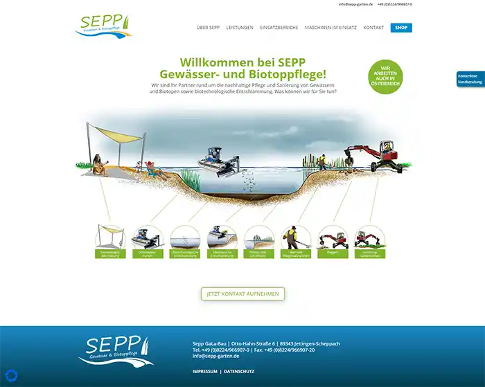 Screenshot der SEPP-Website mit Dienstleistungen im Bereich Wasserlandschaftsbau mit abgebildeten Maschinen und einer Kontaktschaltfläche.