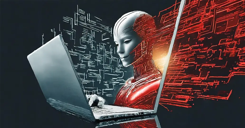 Ein futuristischer humanoider Roboter, der einen Laptop benutzt, mit digitalen Mustern, die ihn auf einem dunklen Hintergrund umgeben. Ein futuristischer humanoider Roboter, der einen Laptop benutzt, mit digitalen Mustern, die ihn auf einem dunklen Hintergrund umgeben.