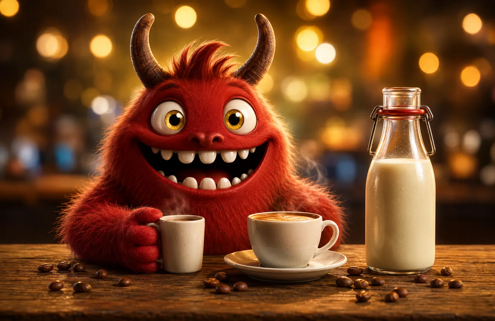 Ein fröhliches rotes Cartoon-Monster genießt Kaffee an einem Tisch mit einer Milchflasche und verstreuten Kaffeebohnen.