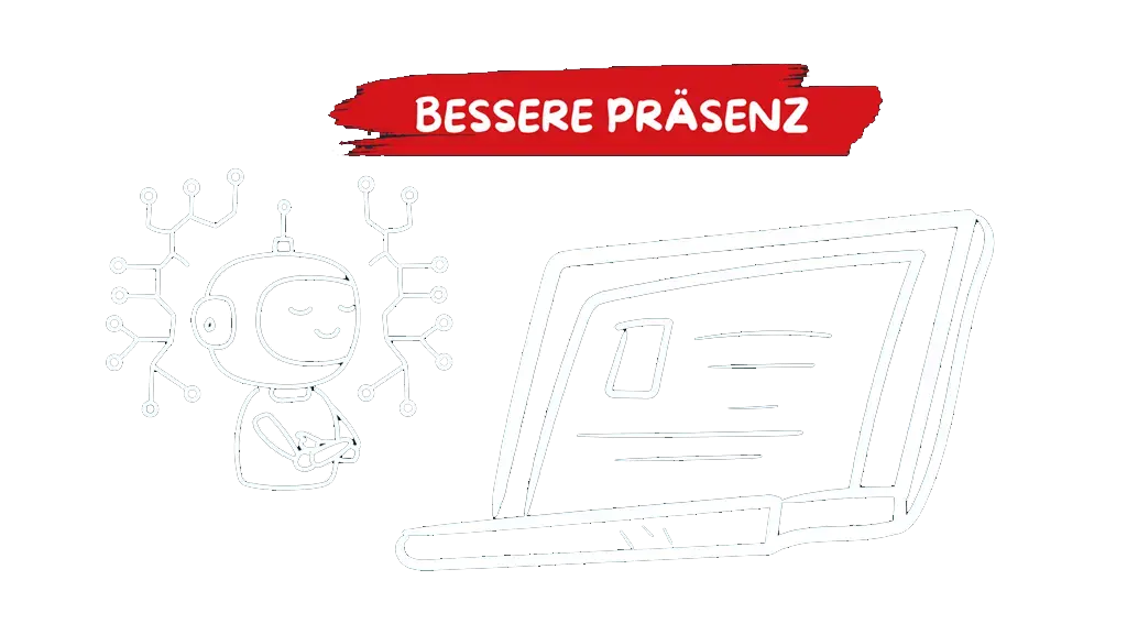 Ein Roboter meditiert neben einem großen Laptop; der Text darüber lautet Bessere Präsenz auf rotem Hintergrund.