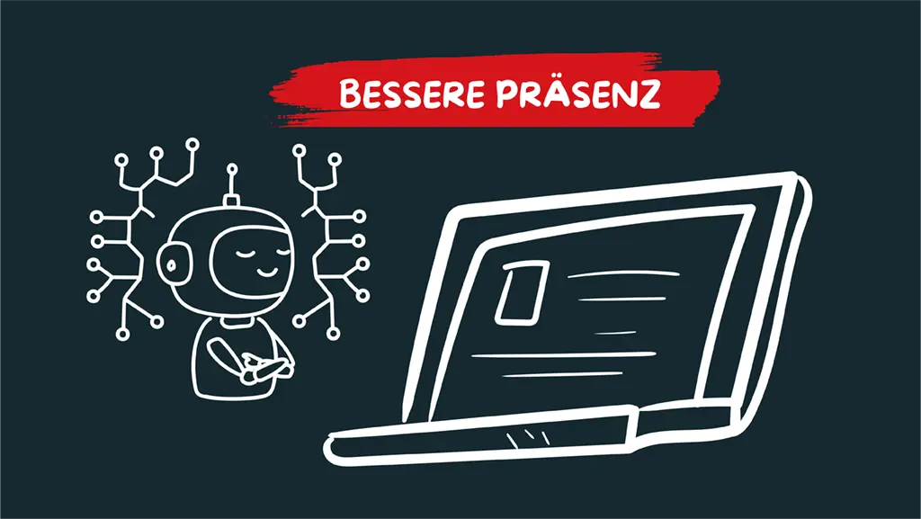 Ein Roboter meditiert neben einem großen Laptop; der Text darüber lautet Bessere Präsenz auf rotem Hintergrund. Ein Roboter meditiert neben einem großen Laptop; der Text darüber lautet Bessere Präsenz auf rotem Hintergrund.